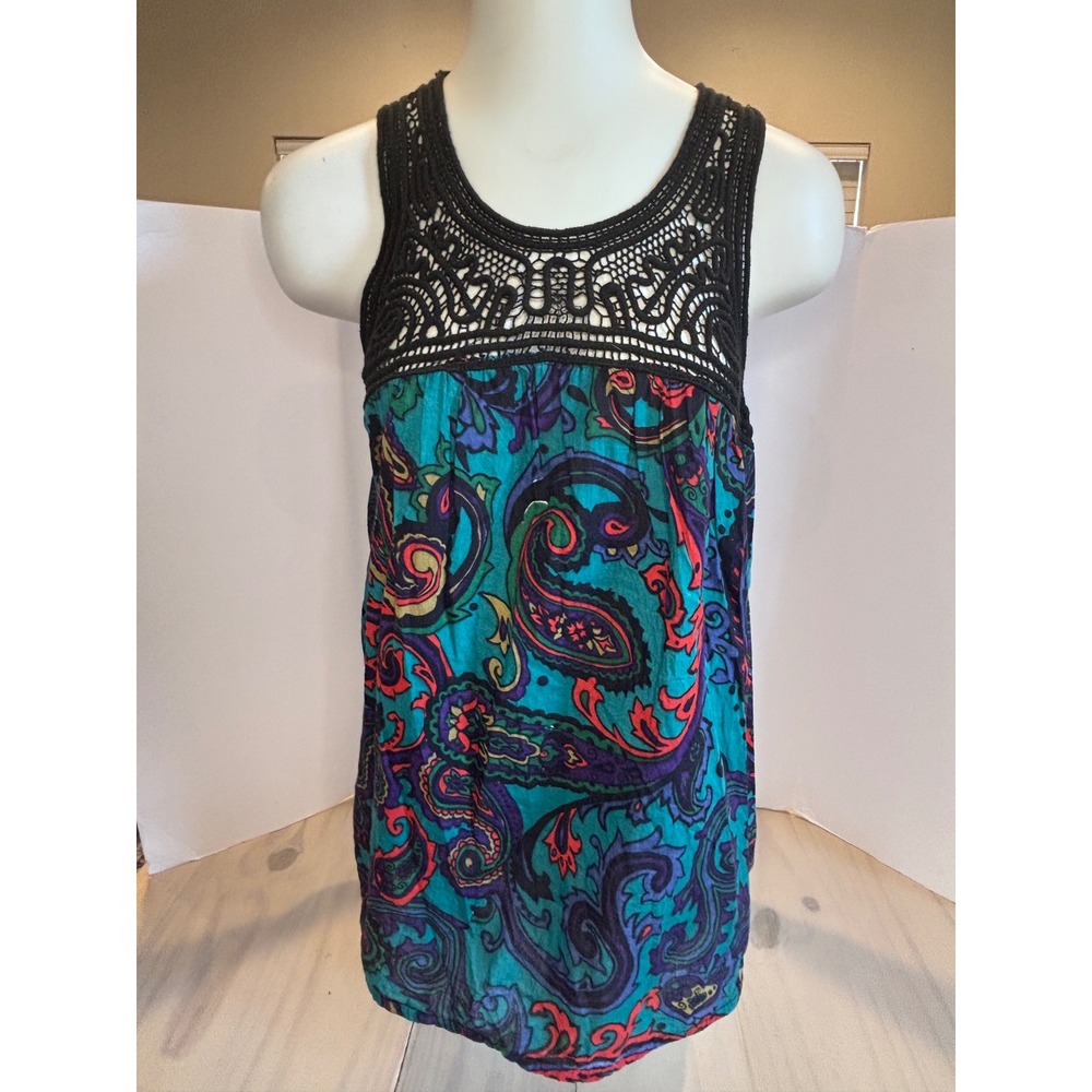 Angie Womens Large Paisley Crochet Yoke Sleeveless Boho Blouse Teal Festival